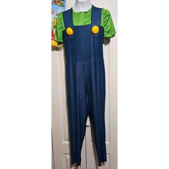 Luigi Girls Costume XL Mario Nintendo Halloween with Mustache Stick Hat Gloves - Picture 6 of 15